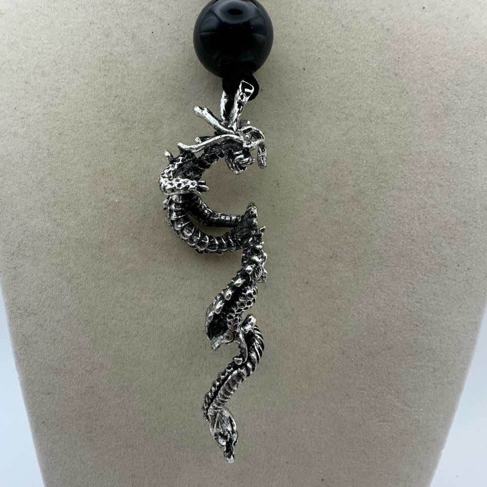 Silver Dragon Pendant Necklace on Faux Leather